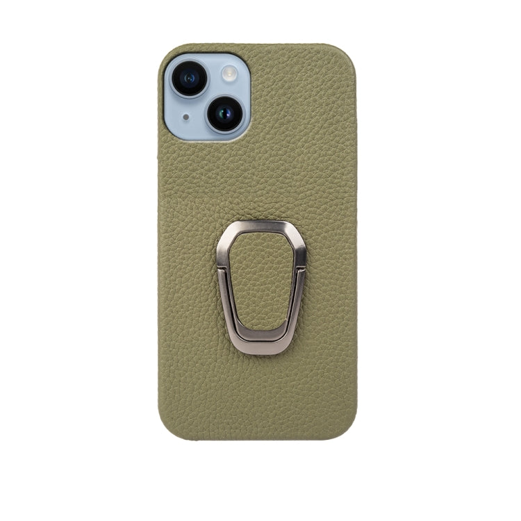 For iPhone 14 Ring Holder Litchi Texture Genuine Leather Phone Case