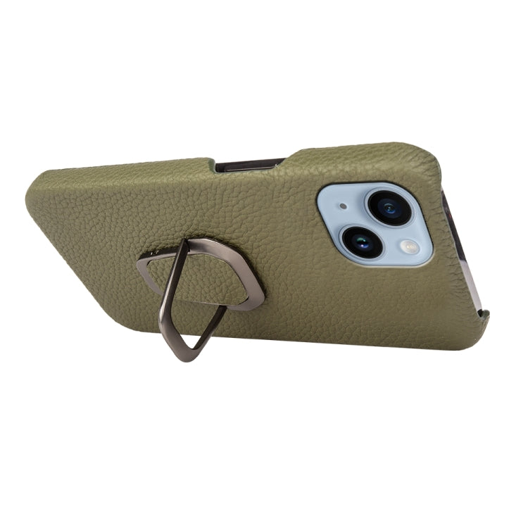 For iPhone 14 Ring Holder Litchi Texture Genuine Leather Phone Case