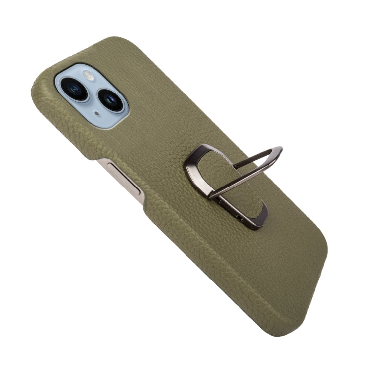 For iPhone 14 Ring Holder Litchi Texture Genuine Leather Phone Case