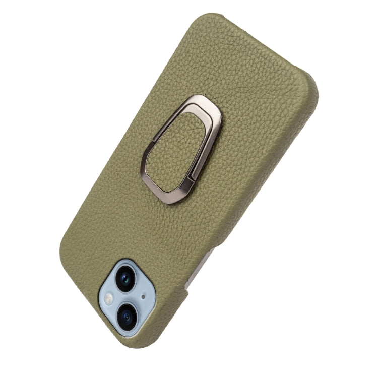 For iPhone 14 Ring Holder Litchi Texture Genuine Leather Phone Case