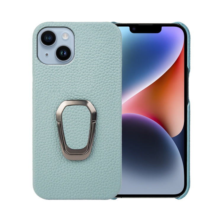 For iPhone 14 Ring Holder Litchi Texture Genuine Leather Phone Case