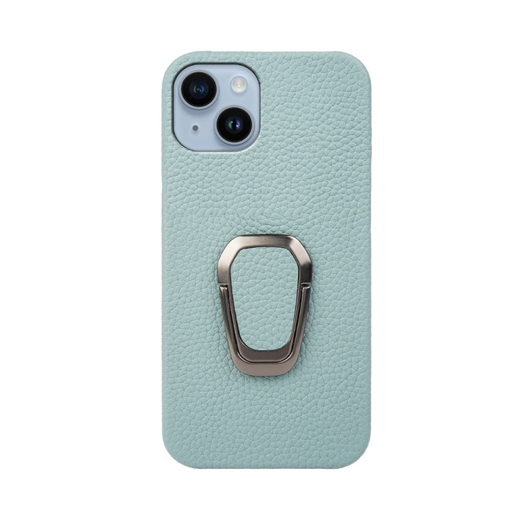 For iPhone 14 Ring Holder Litchi Texture Genuine Leather Phone Case