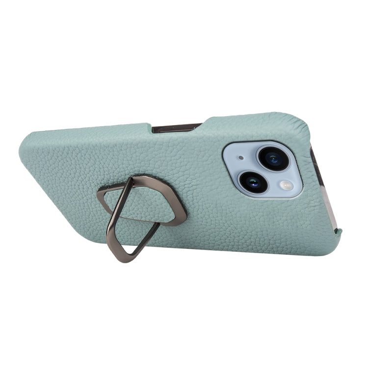 For iPhone 14 Ring Holder Litchi Texture Genuine Leather Phone Case