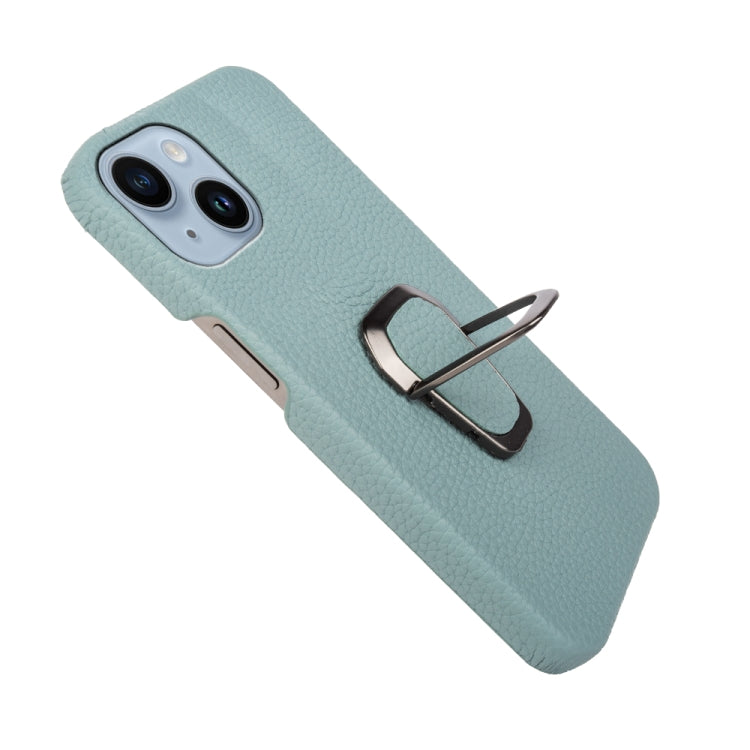 For iPhone 14 Ring Holder Litchi Texture Genuine Leather Phone Case