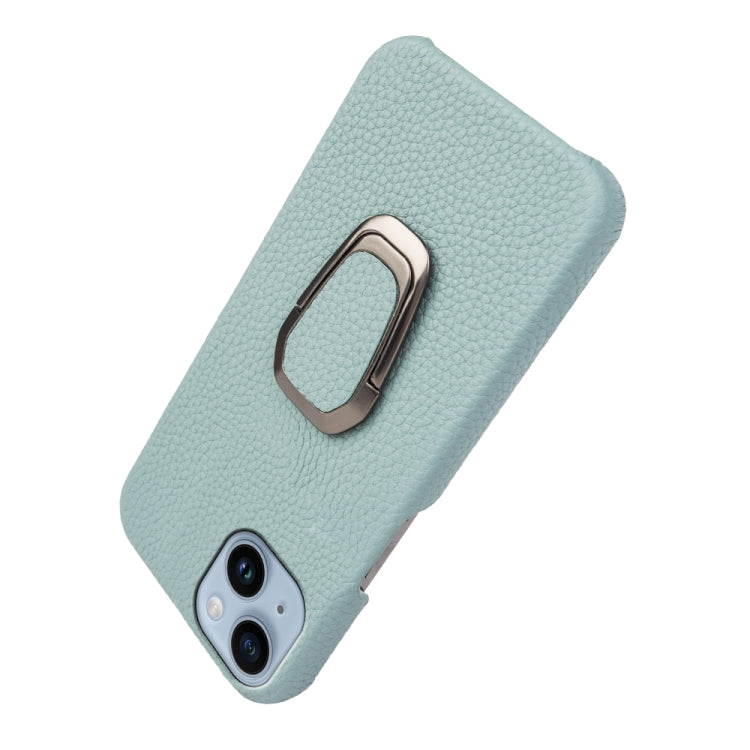 For iPhone 14 Ring Holder Litchi Texture Genuine Leather Phone Case