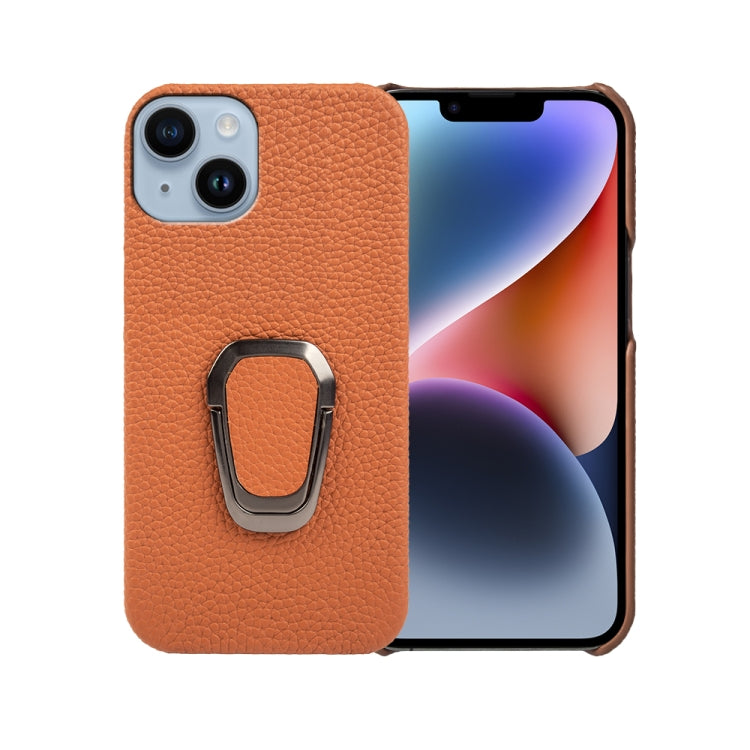 For iPhone 14 Ring Holder Litchi Texture Genuine Leather Phone Case