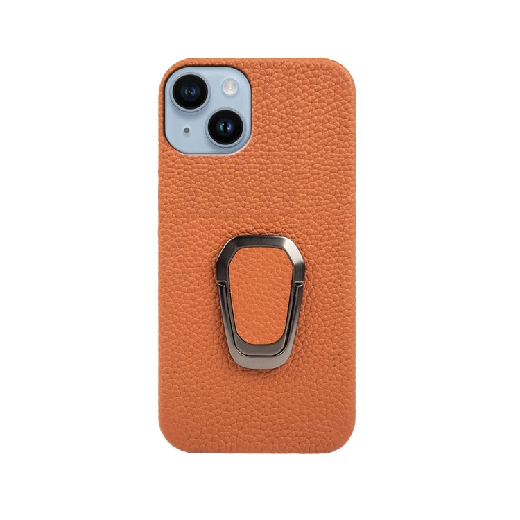 For iPhone 14 Ring Holder Litchi Texture Genuine Leather Phone Case