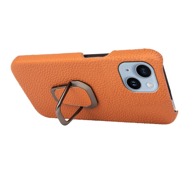 For iPhone 14 Ring Holder Litchi Texture Genuine Leather Phone Case
