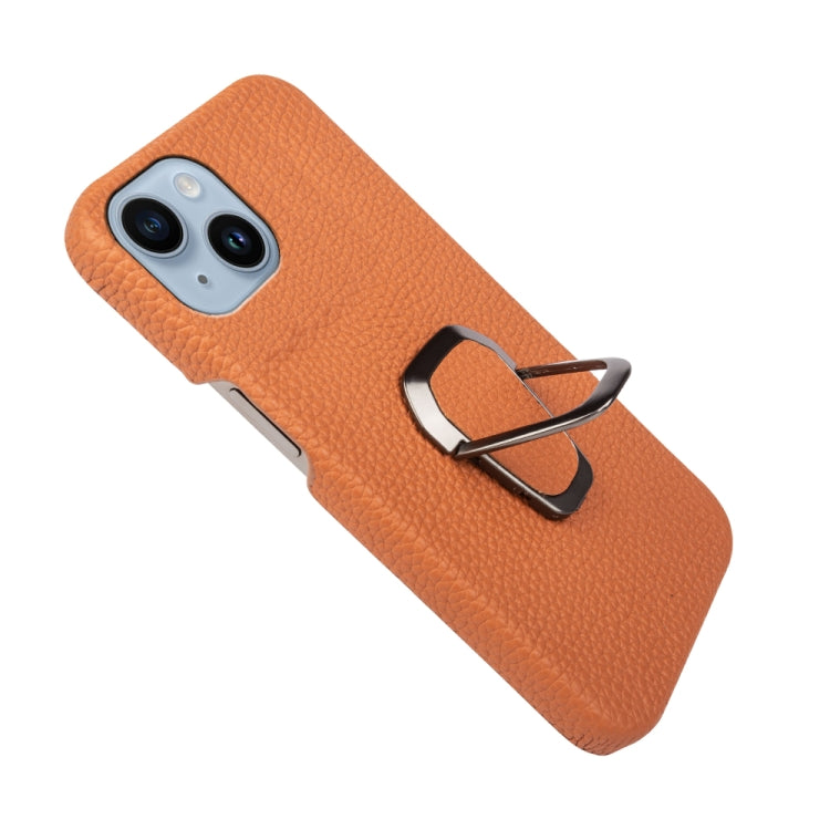 For iPhone 14 Ring Holder Litchi Texture Genuine Leather Phone Case