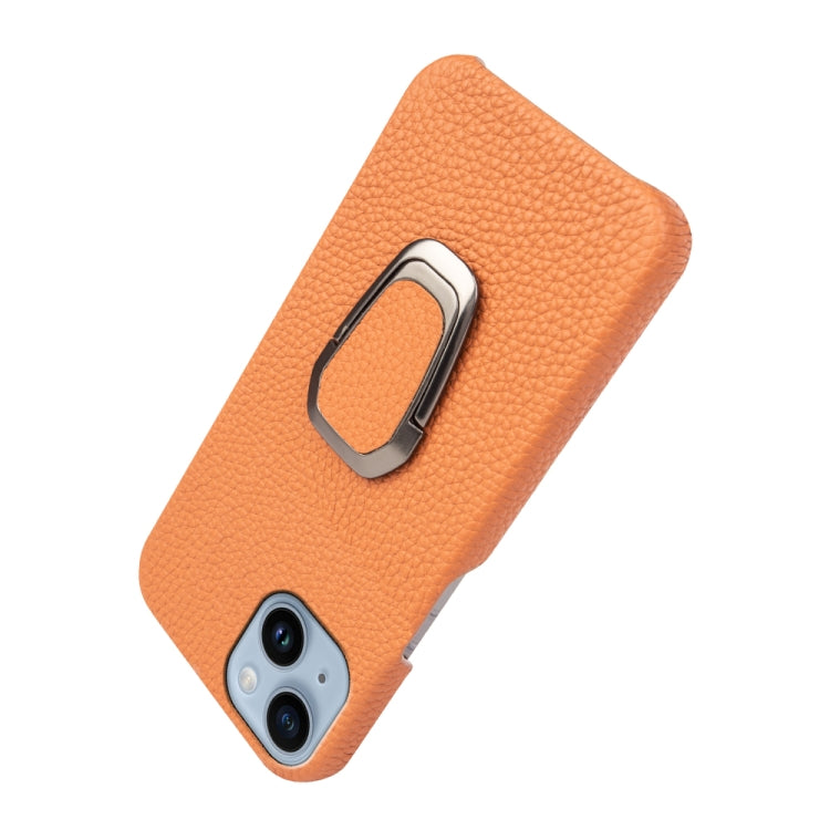 For iPhone 14 Ring Holder Litchi Texture Genuine Leather Phone Case