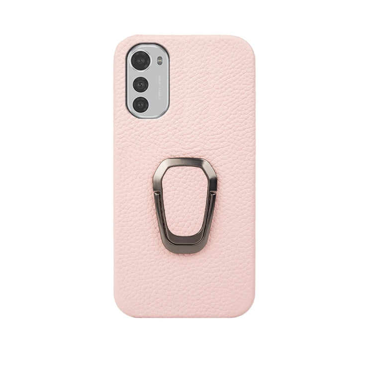 For Motorola Moto E32 4G Ring Holder Litchi Texture Genuine Leather Phone Case