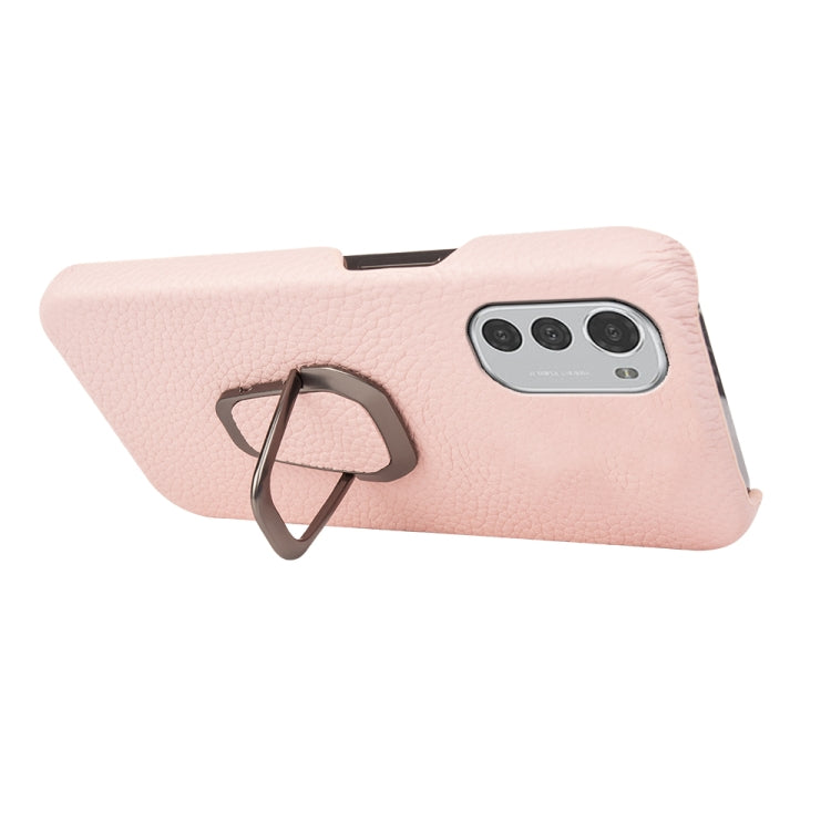 For Motorola Moto E32 4G Ring Holder Litchi Texture Genuine Leather Phone Case