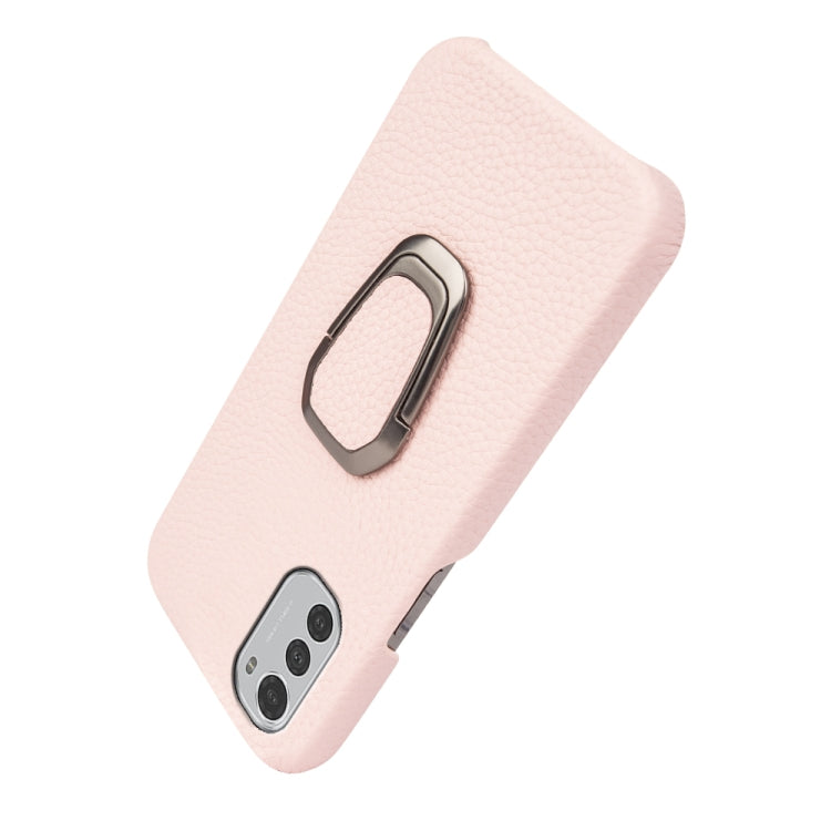For Motorola Moto E32 4G Ring Holder Litchi Texture Genuine Leather Phone Case