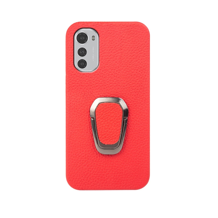 For Motorola Moto E32 4G Ring Holder Litchi Texture Genuine Leather Phone Case