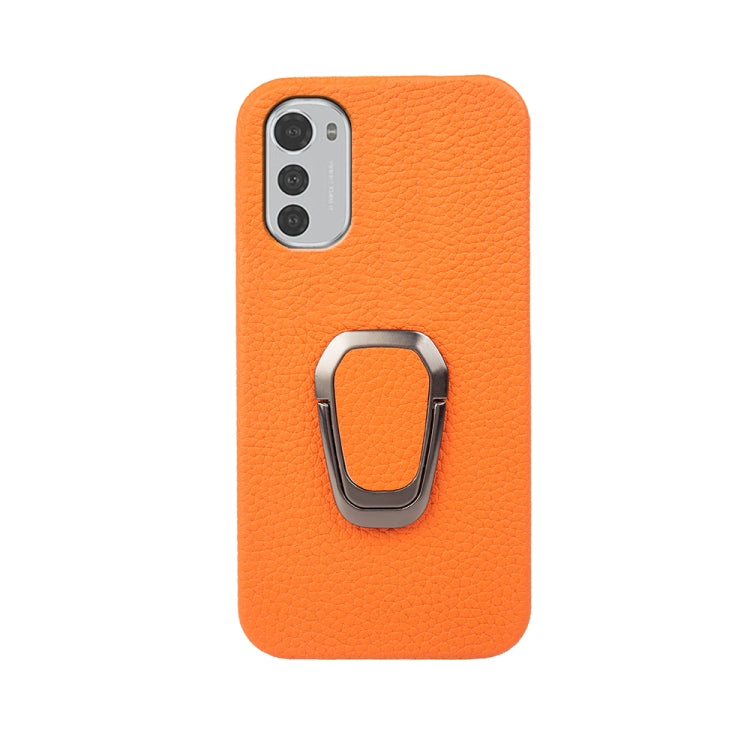 For Motorola Moto E32 4G Ring Holder Litchi Texture Genuine Leather Phone Case