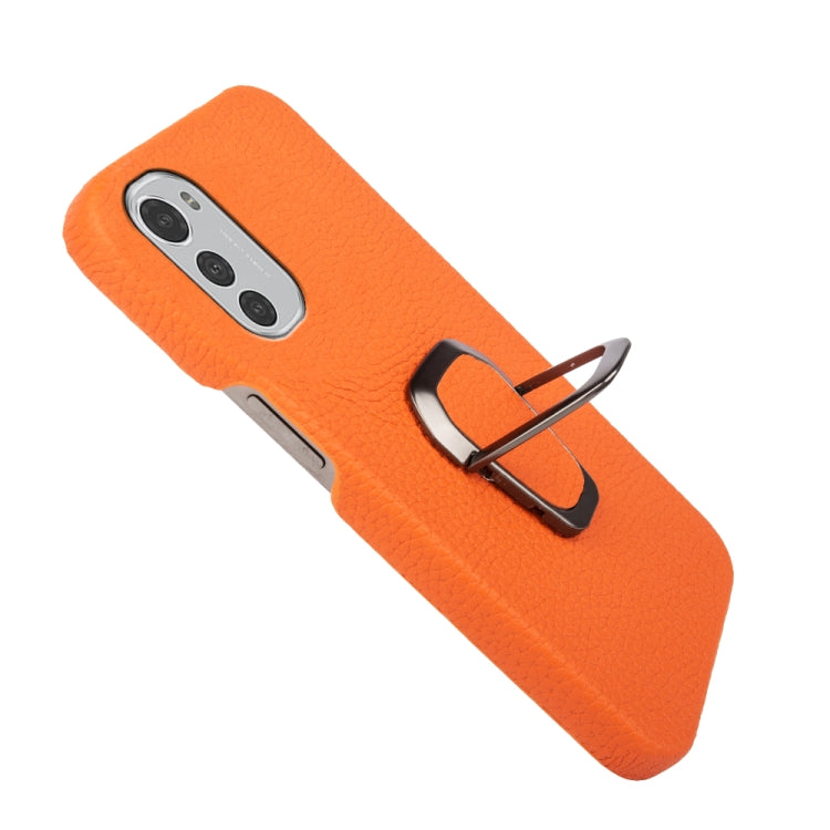 For Motorola Moto E32 4G Ring Holder Litchi Texture Genuine Leather Phone Case