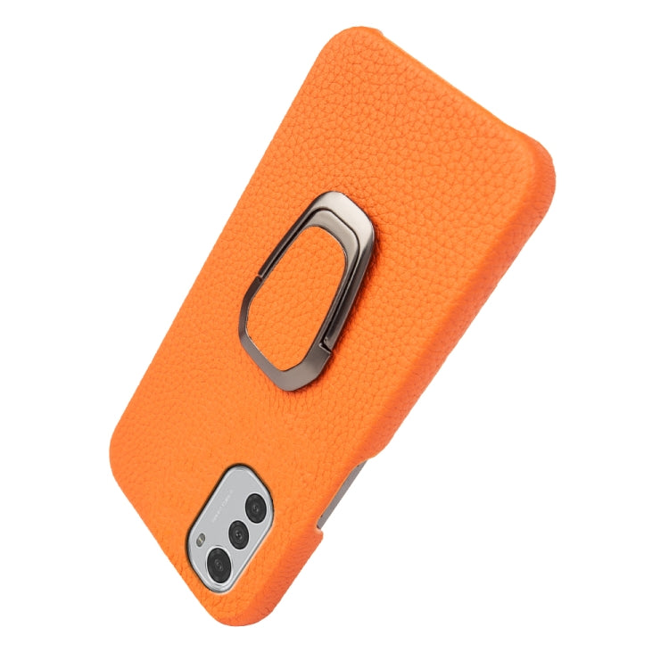 For Motorola Moto E32 4G Ring Holder Litchi Texture Genuine Leather Phone Case