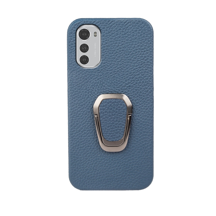For Motorola Moto E32 4G Ring Holder Litchi Texture Genuine Leather Phone Case