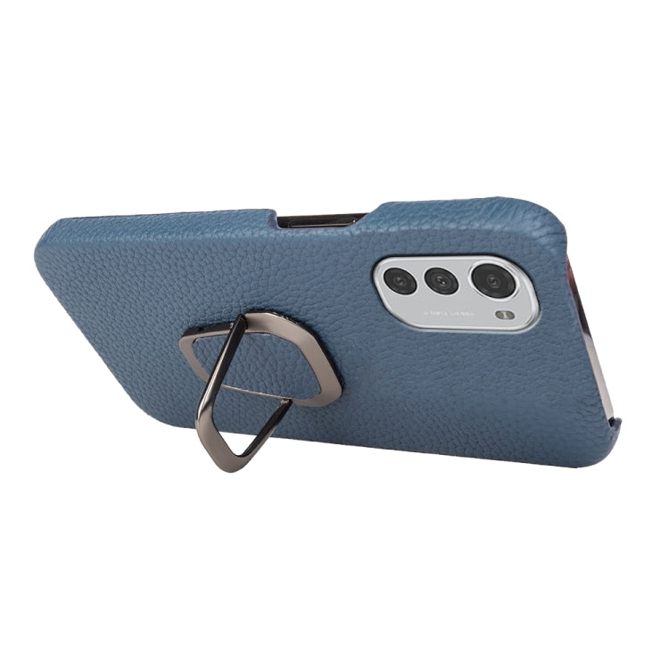 For Motorola Moto E32 4G Ring Holder Litchi Texture Genuine Leather Phone Case