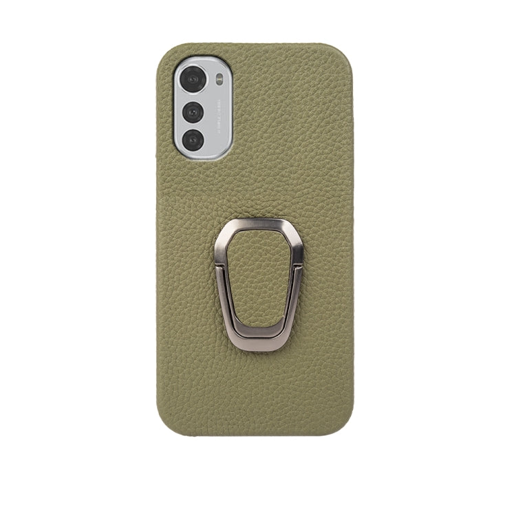 For Motorola Moto E32 4G Ring Holder Litchi Texture Genuine Leather Phone Case