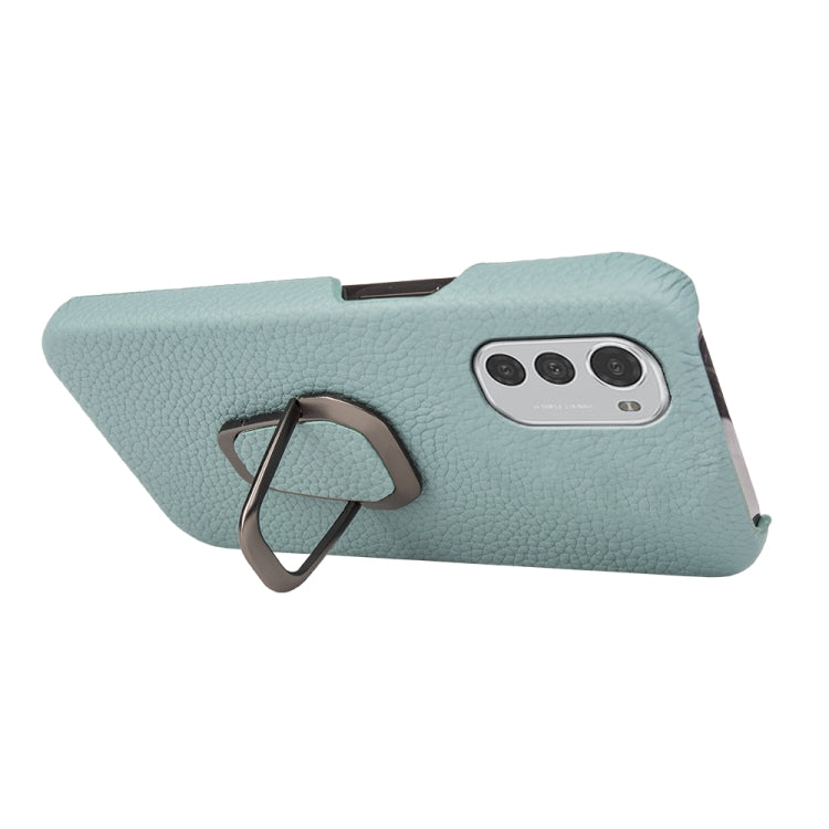 For Motorola Moto E32 4G Ring Holder Litchi Texture Genuine Leather Phone Case