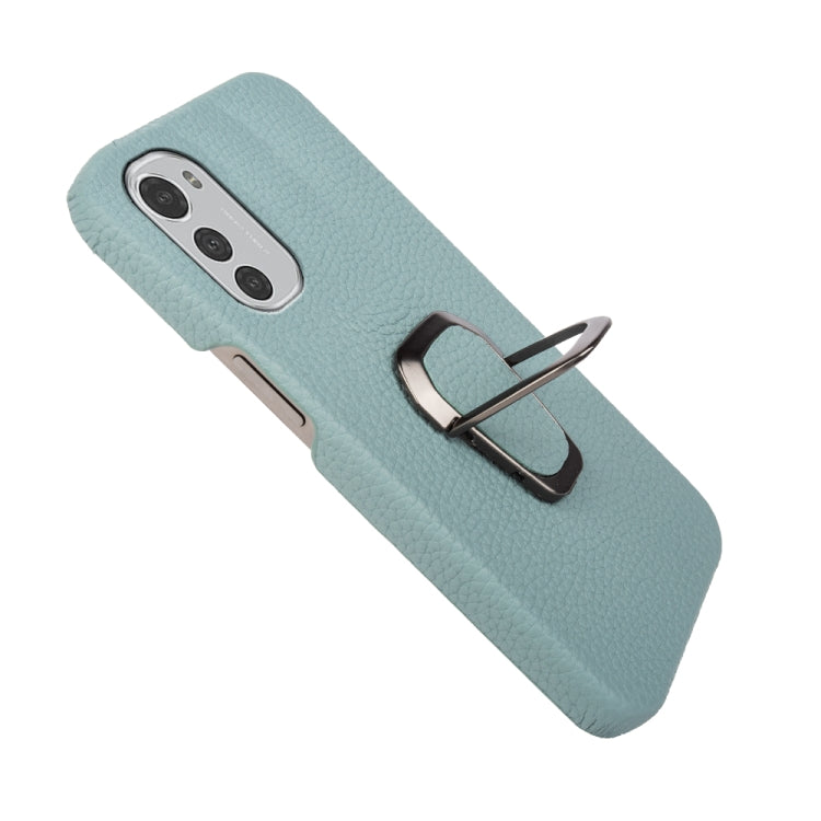 For Motorola Moto E32 4G Ring Holder Litchi Texture Genuine Leather Phone Case