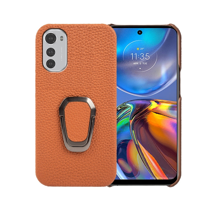 For Motorola Moto E32 4G Ring Holder Litchi Texture Genuine Leather Phone Case