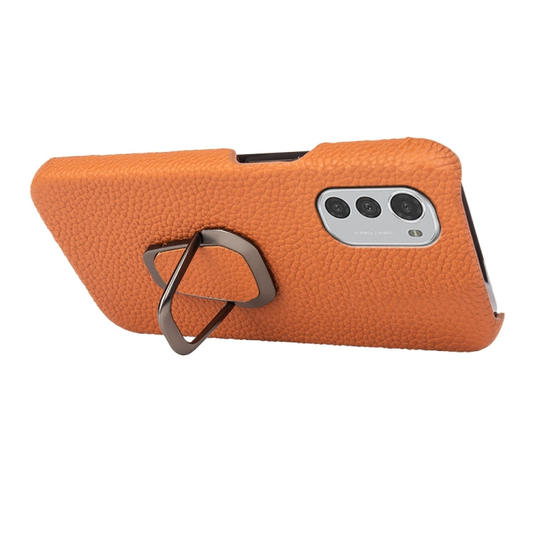 For Motorola Moto E32 4G Ring Holder Litchi Texture Genuine Leather Phone Case
