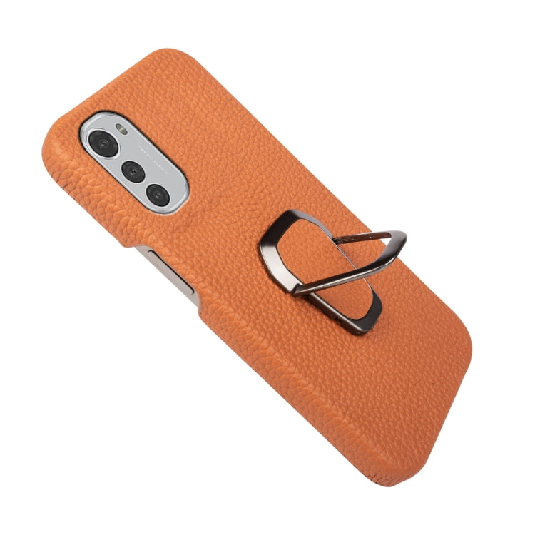 For Motorola Moto E32 4G Ring Holder Litchi Texture Genuine Leather Phone Case
