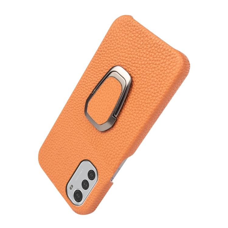 For Motorola Moto E32 4G Ring Holder Litchi Texture Genuine Leather Phone Case