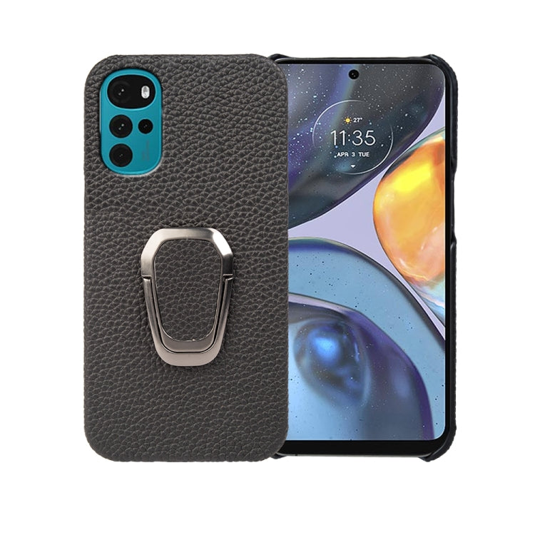 For Motorola Moto G22 Ring Holder Litchi Texture Genuine Leather Phone Case