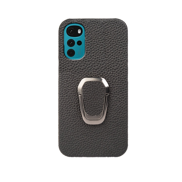 For Motorola Moto G22 Ring Holder Litchi Texture Genuine Leather Phone Case