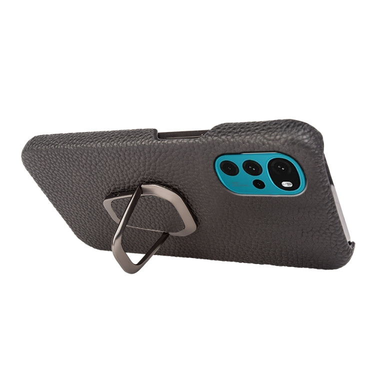 For Motorola Moto G22 Ring Holder Litchi Texture Genuine Leather Phone Case