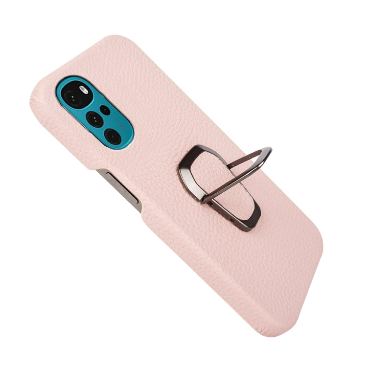 For Motorola Moto G22 Ring Holder Litchi Texture Genuine Leather Phone Case