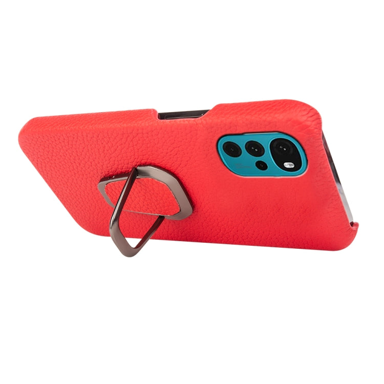 For Motorola Moto G22 Ring Holder Litchi Texture Genuine Leather Phone Case