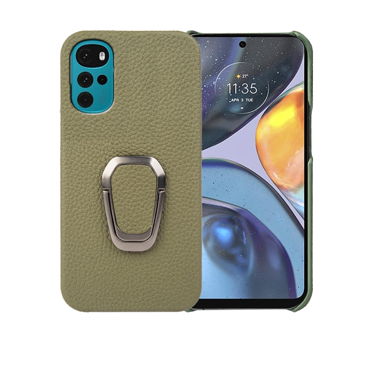 For Motorola Moto G22 Ring Holder Litchi Texture Genuine Leather Phone Case