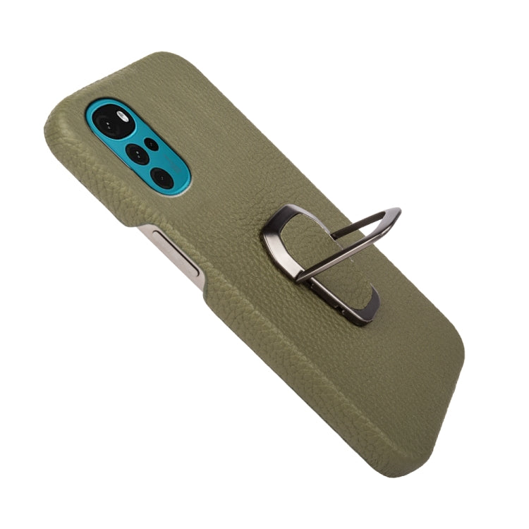 For Motorola Moto G22 Ring Holder Litchi Texture Genuine Leather Phone Case