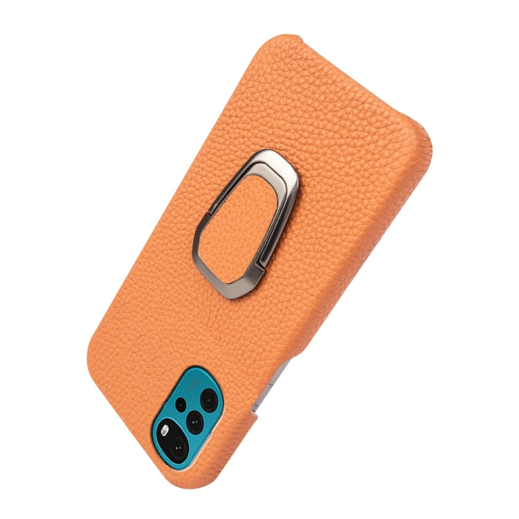 For Motorola Moto G22 Ring Holder Litchi Texture Genuine Leather Phone Case