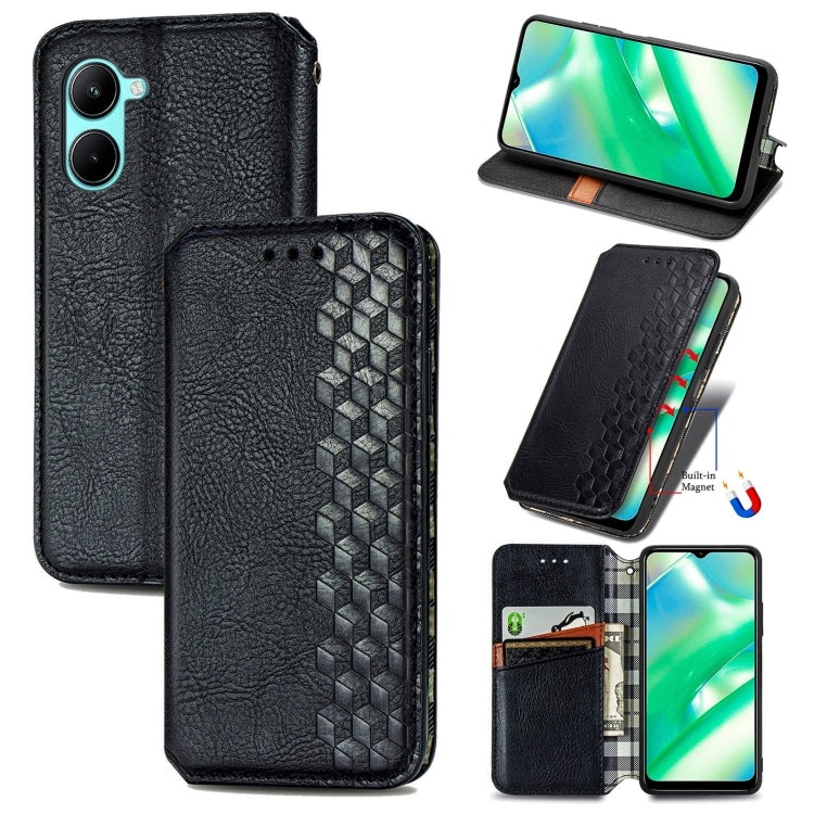 For Realme C33 Cubic Grid Pressed Magnetic Leather Phone Case