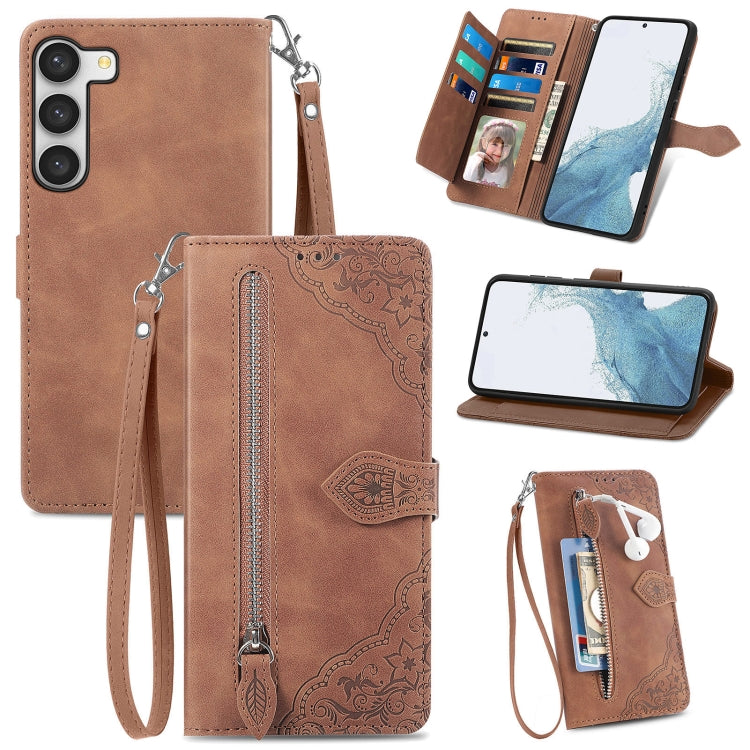 For Samsung Galaxy S23 Plus 5G Embossed Flower Zipper Leather Phone Case