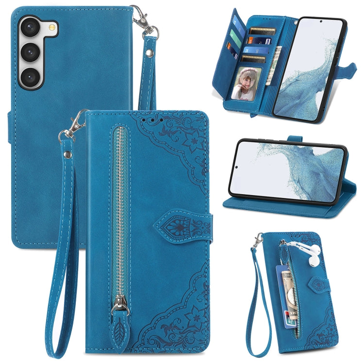 For Samsung Galaxy S23 Plus 5G Embossed Flower Zipper Leather Phone Case