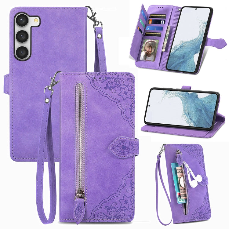 For Samsung Galaxy S23 Plus 5G Embossed Flower Zipper Leather Phone Case