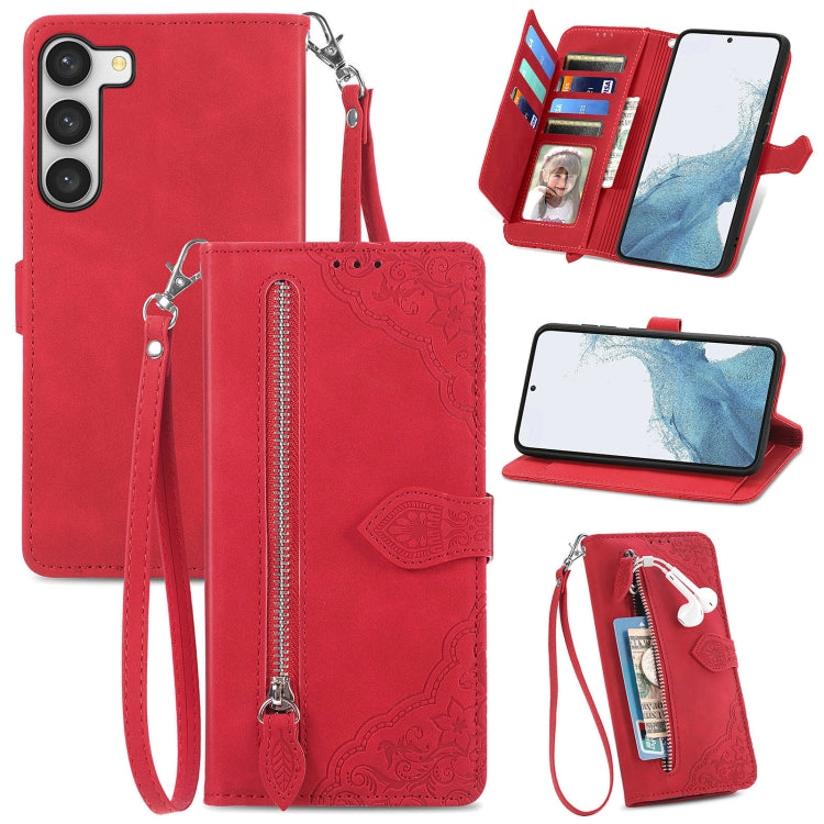 For Samsung Galaxy S23 Plus 5G Embossed Flower Zipper Leather Phone Case