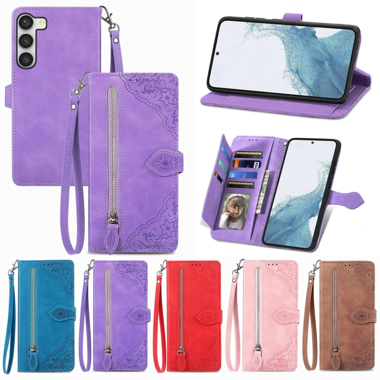 For Samsung Galaxy S23 Plus 5G Embossed Flower Zipper Leather Phone Case