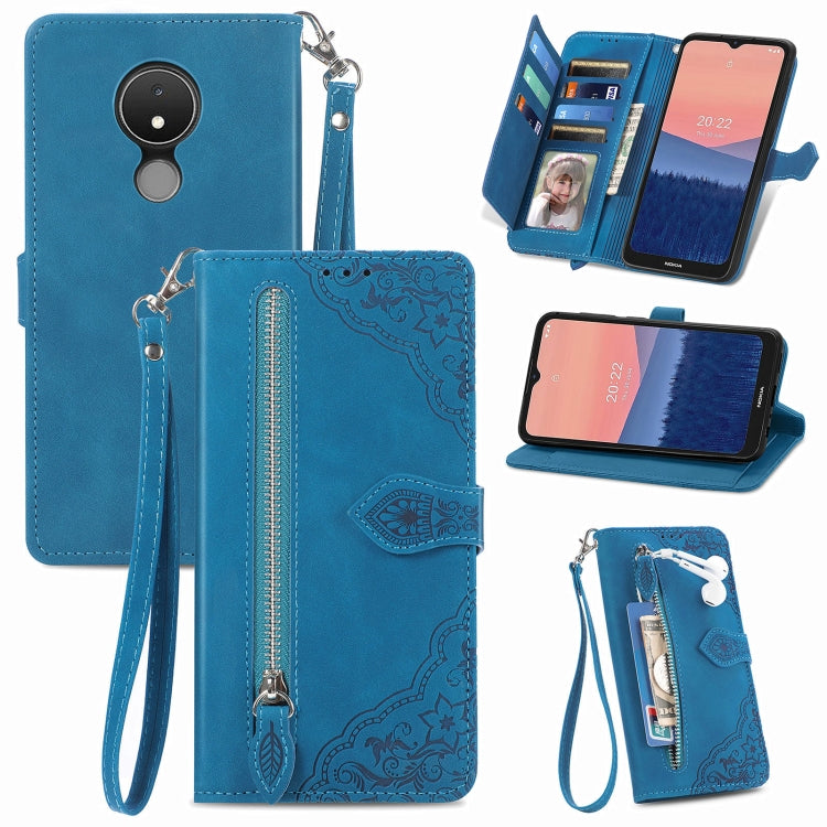 For Nokia C21 Embossed Flower Zipper Leather Phone Case