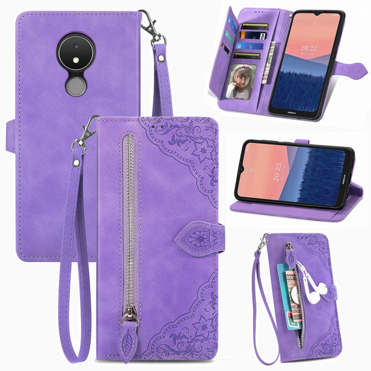 For Nokia C21 Embossed Flower Zipper Leather Phone Case