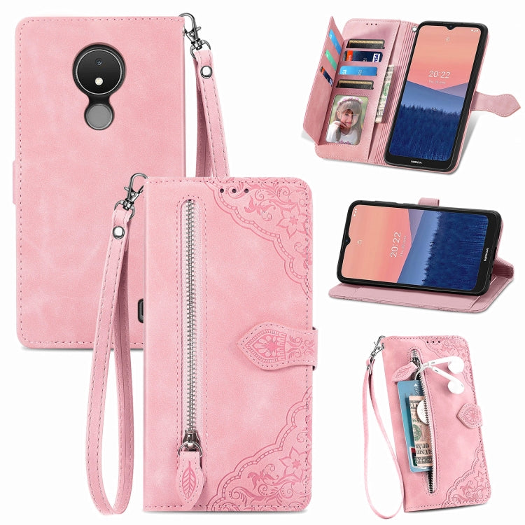 For Nokia C21 Embossed Flower Zipper Leather Phone Case
