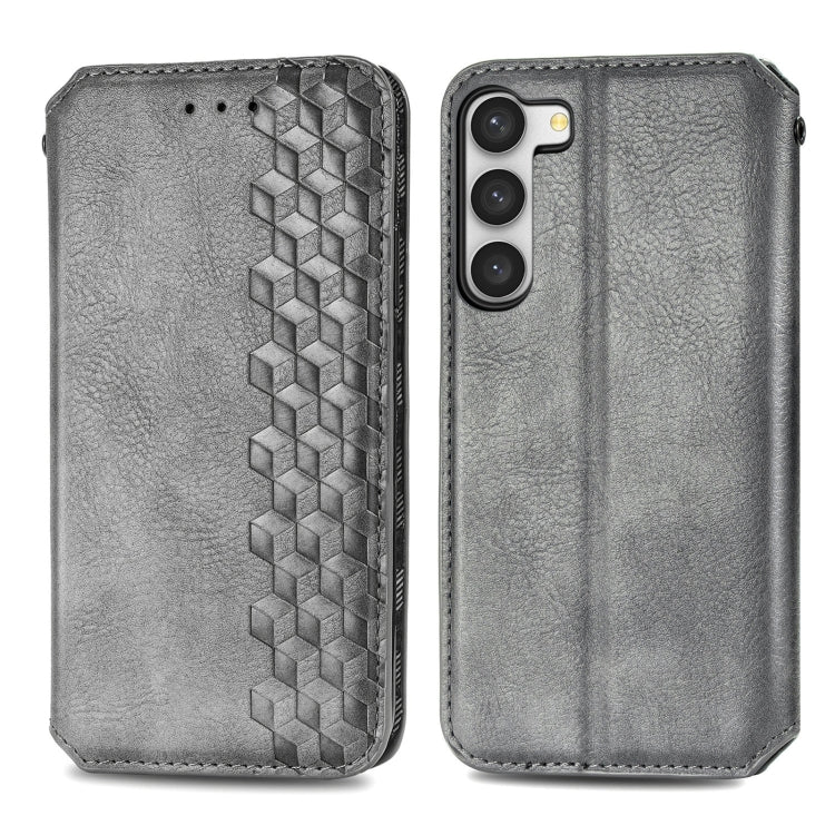 For Samsung Galaxy S23 5G Cubic Grid Pressed Magnetic Leather Phone Case