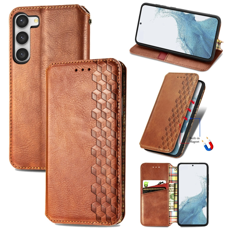 For Samsung Galaxy S23 Ultra 5G Cubic Grid Pressed Magnetic Leather Phone Case