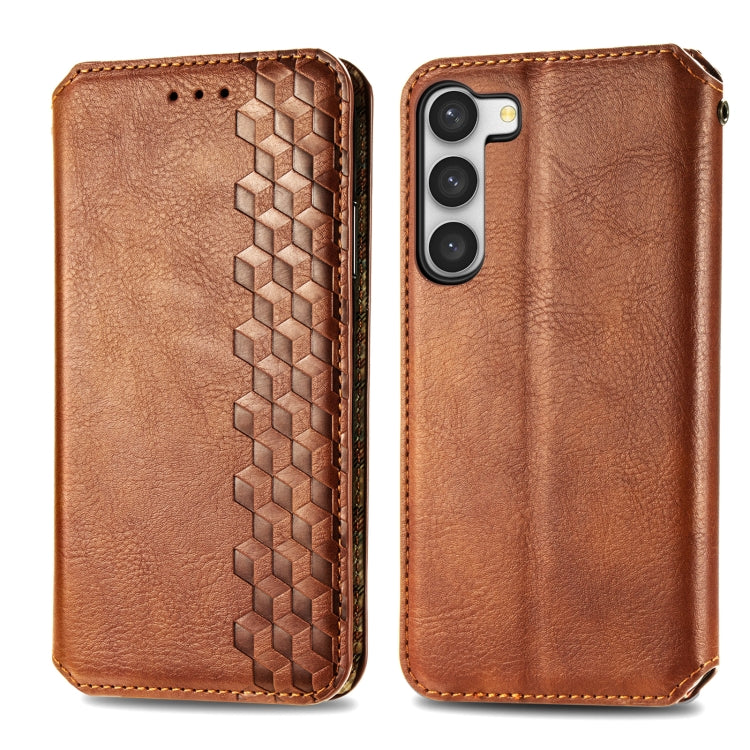 For Samsung Galaxy S23 Ultra 5G Cubic Grid Pressed Magnetic Leather Phone Case